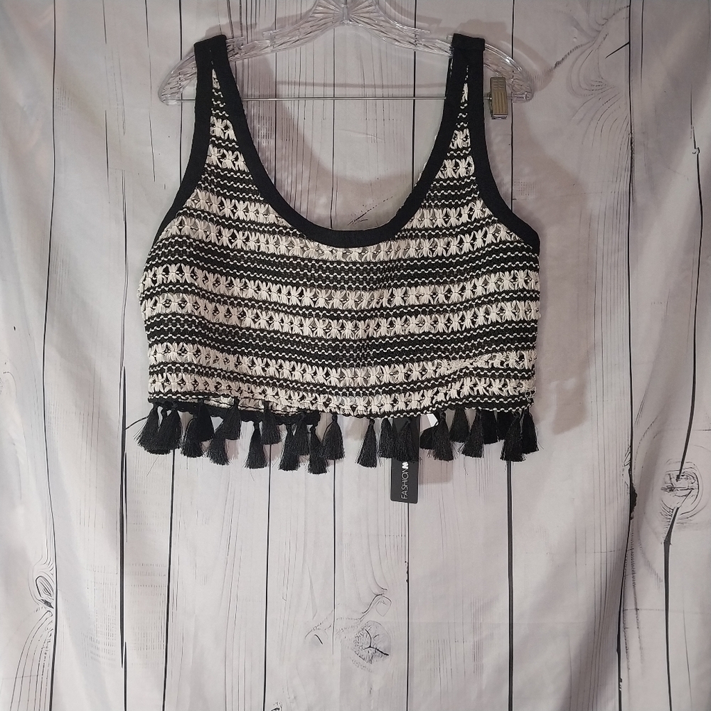 Fashion Nova Thalia Striped Crochet Scoop Neck Cropped Shirt NWT